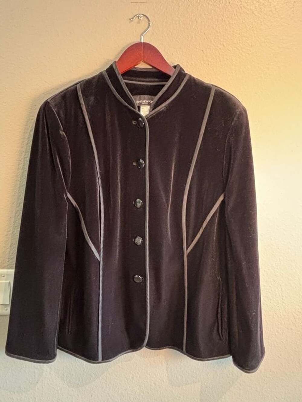 Jones New York Woman Velvet Stretch Blazer Jacket Size 20W Brown Satin Trim